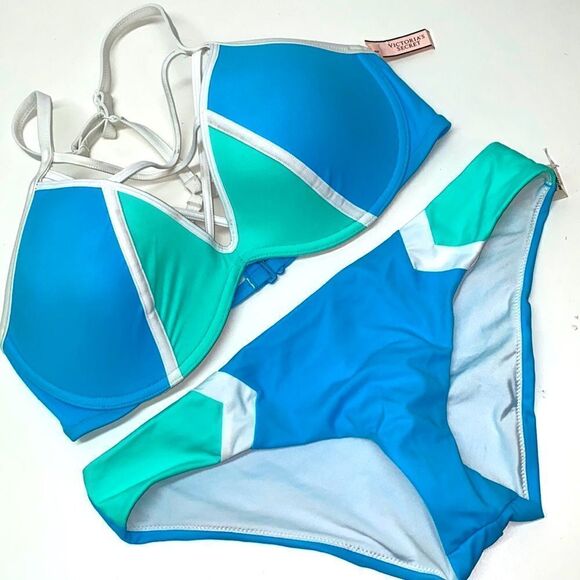 🔥VICTORIA SECRET PINK SWIMSUIT top light pushup medium(D-DD bottom medium New - Picture 1 of 7